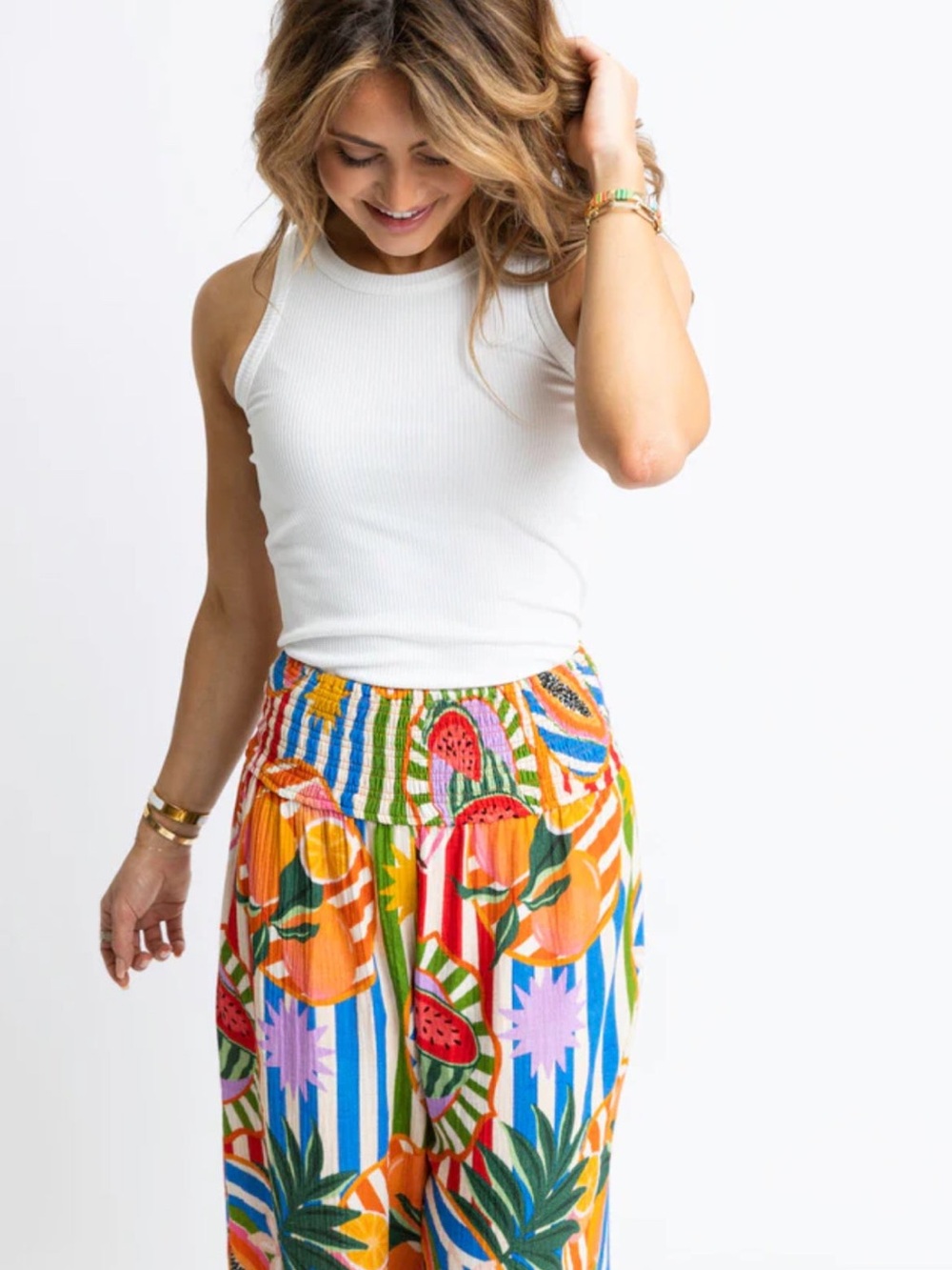 Karlie Tropical Island Fruit Smock Waist Pant